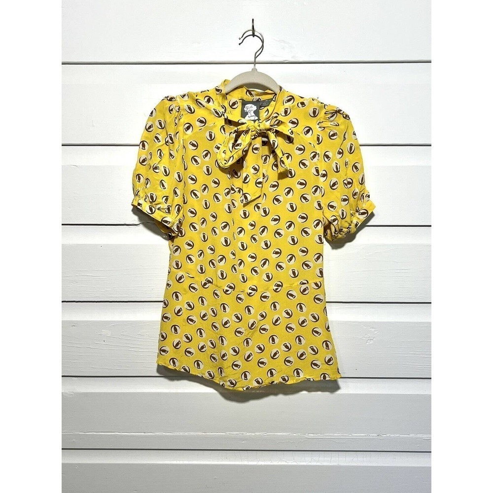 Girls From Savoy Anthropologie Lemon Lift Off Owl Print Silk Blouse Yellow Sz 4